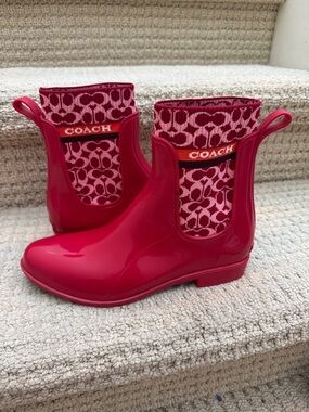 Coach Red and Pink Signature Chelsea Rain Ankle Boots